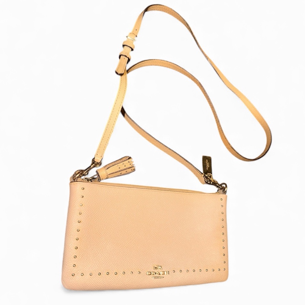 COACH Lyla Small Beige Flat Cross Body Cross Grained Leather Studded Purse Bag